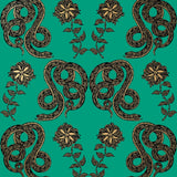 Serpentine (Emerald) Wallpaper featuring black and metallic gold snakes and flowers on a green background