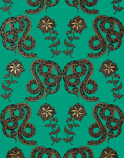 Serpentine (Emerald) Wallpaper featuring black and metallic gold snakes and flowers on a green background