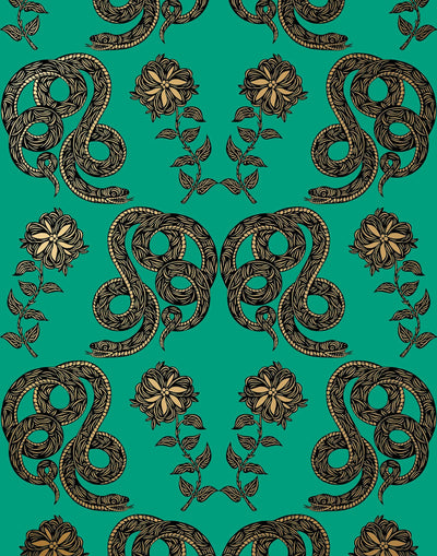 Serpentine (Emerald) Wallpaper featuring black and metallic gold snakes and flowers on a green background