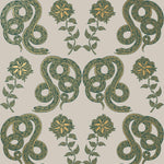 Serpentine (Juniper) Wallpaper featuring deep green and metallic gold snakes and flowers on a soft gray background