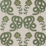 Serpentine (Juniper) Wallpaper featuring deep green and metallic gold snakes and flowers on a soft gray background