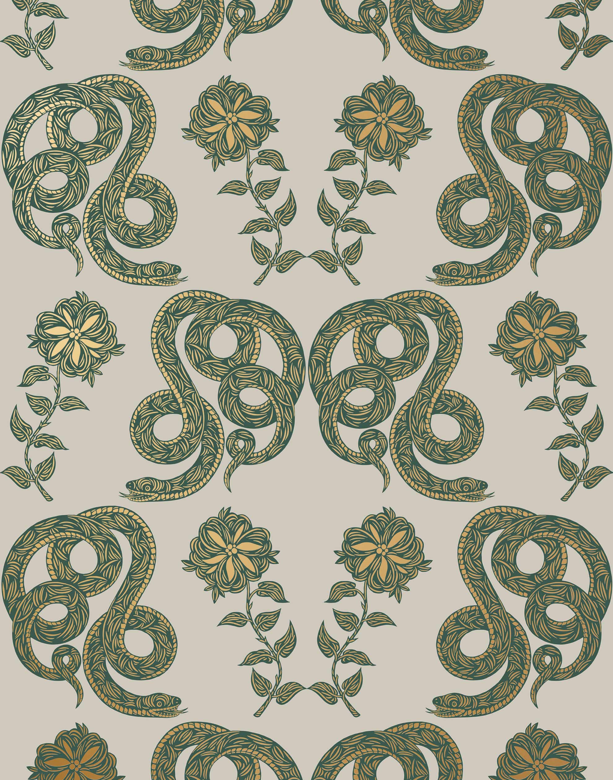 Serpentine (Juniper) Wallpaper featuring deep green and metallic gold snakes and flowers on a soft gray background
