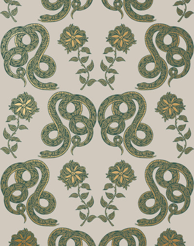 Serpentine (Juniper) Wallpaper featuring deep green and metallic gold snakes and flowers on a soft gray background