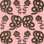 Serpentine (Punch) Wallpaper featuring black and metallic gold snakes and flowers on a punchy pink background
