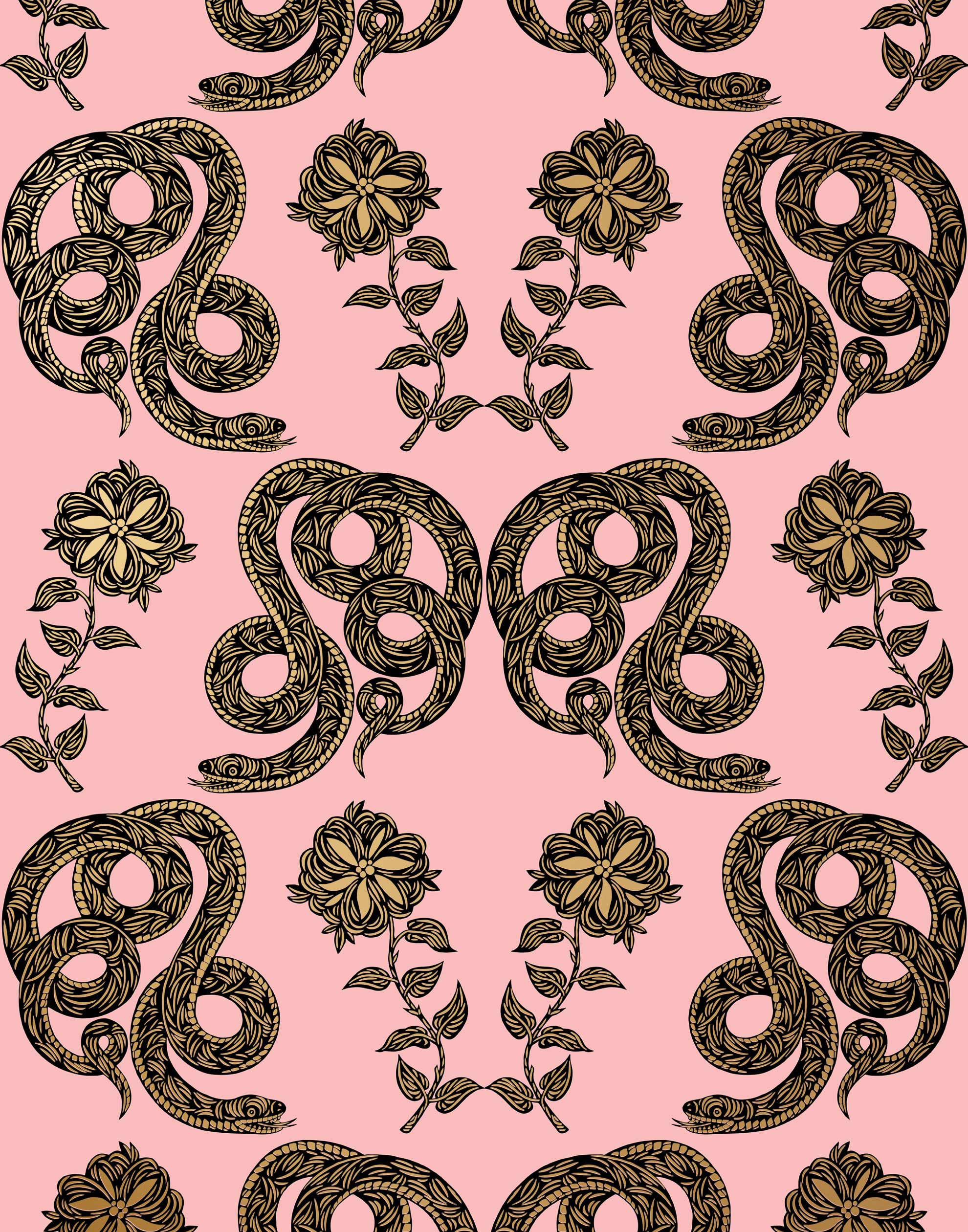 Serpentine (Punch) Wallpaper featuring black and metallic gold snakes and flowers on a punchy pink background