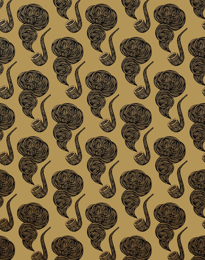 The Gentleman (Butterscotch) Wallpaper featuring black and metallic gold illustrations of smoking pipes on a golden ochre yellow background