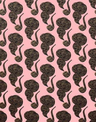 The Gentleman (Punch) Wallpaper featuring black and metallic gold illustrations of smoking pipes on a punch pink green background