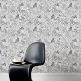 Forest Floor (Gray) features an intricate, leafy pattern in dark and light gray on black