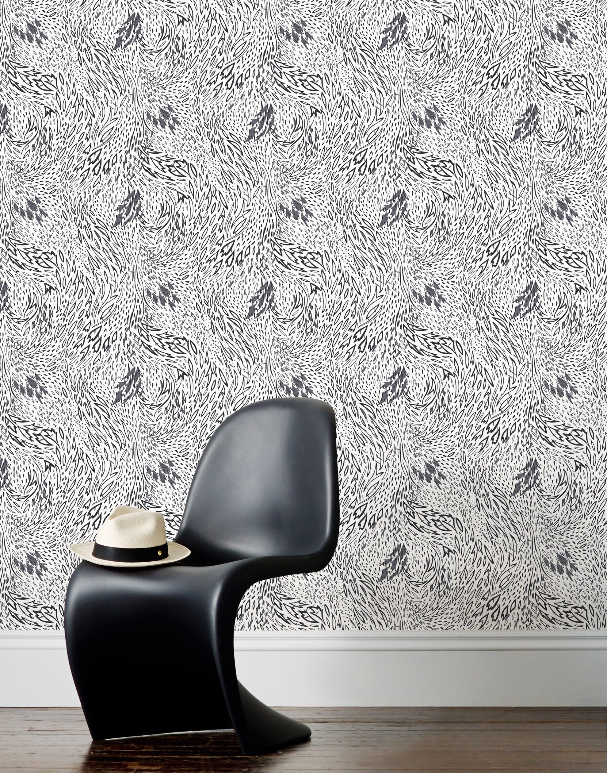 Forest Floor (Gray) features an intricate, leafy pattern in dark and light gray on black