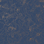Underwater World (Deep Blue) features a yet delicate pattern of fish and seaweed in metallic copper on blue