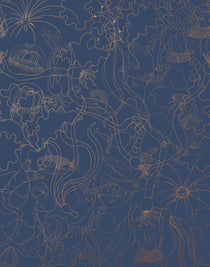 Underwater World (Deep Blue) features a yet delicate pattern of fish and seaweed in metallic copper on blue