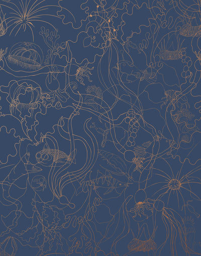 Underwater World (Deep Blue) features a yet delicate pattern of fish and seaweed in metallic copper on blue