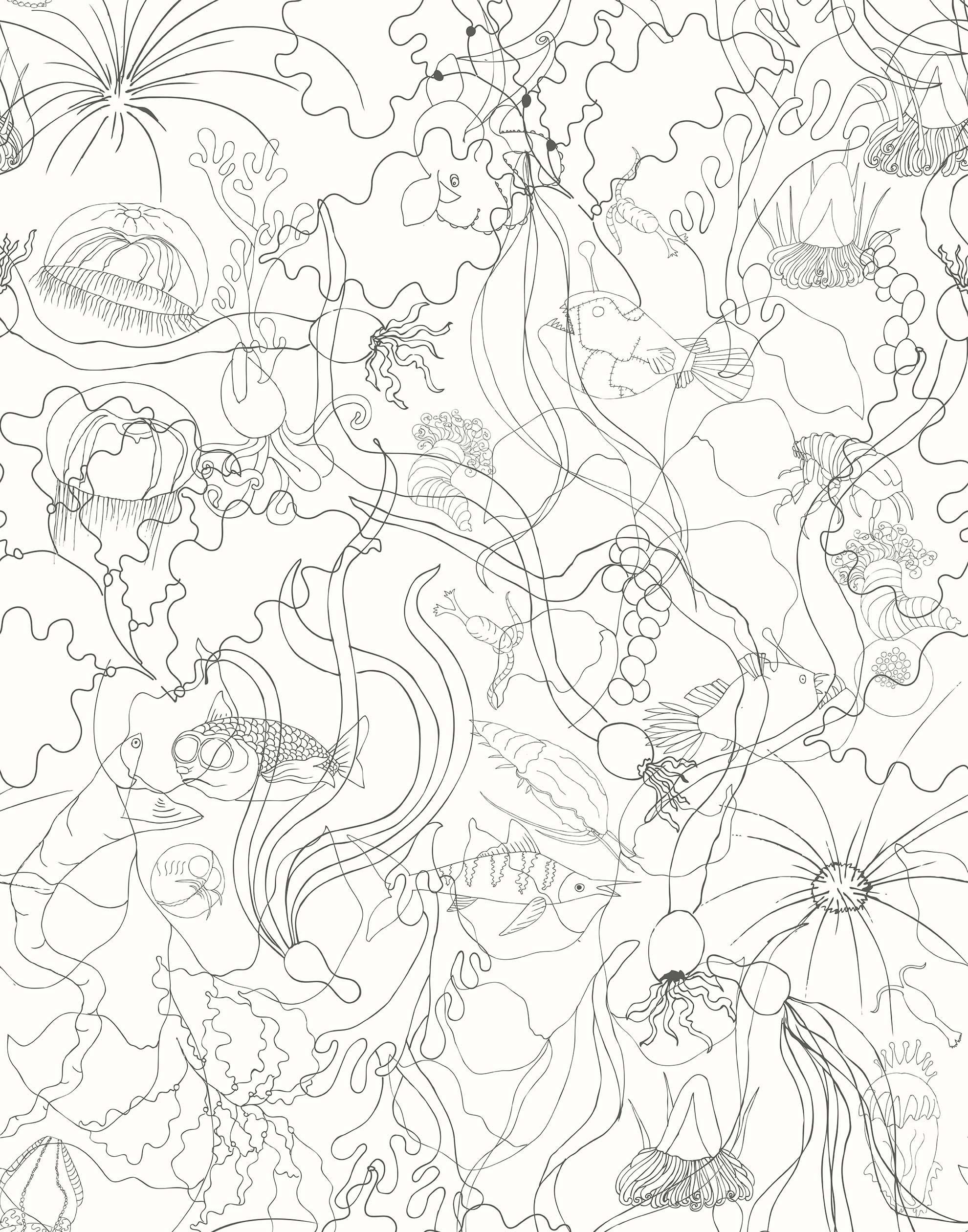 Underwater World (Graphite) features a yet delicate pattern of fish and seaweed in gray on white