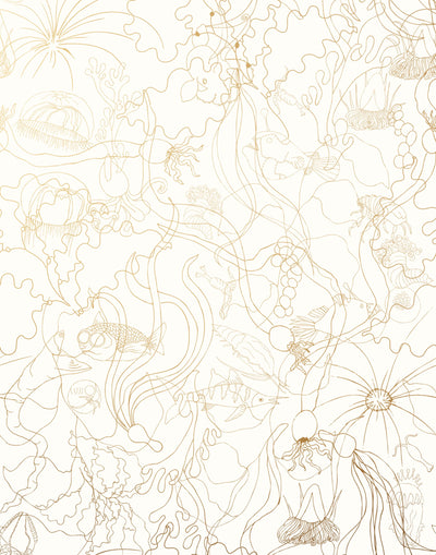 Underwater World (Gold) features a yet delicate pattern of fish and seaweed in metallic on white