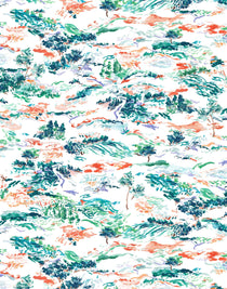 Inspired by the Fauvism movement, Plein Air brings the rolling countryside to life with a gestural brushwork technique. Its colors are joyful and bold while semi-realistic to the subject, including a range of green and blue hues with hints of coral and lavender.