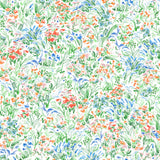 Summer (Vermillion) wallpaper features loose brushstrokes that capture the movement of wild flowers and grasses swaying in the breeze. Coral red, blue and green watercolored flora on a white background | Hygge & West