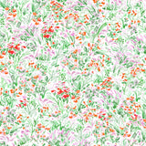 Summer (Poppy) wallpaper features loose brushstrokes that capture the movement of wild flowers and grasses swaying in the breeze. Bright red, lavender purple, and green watercolored flora on a white background | Hygge & West