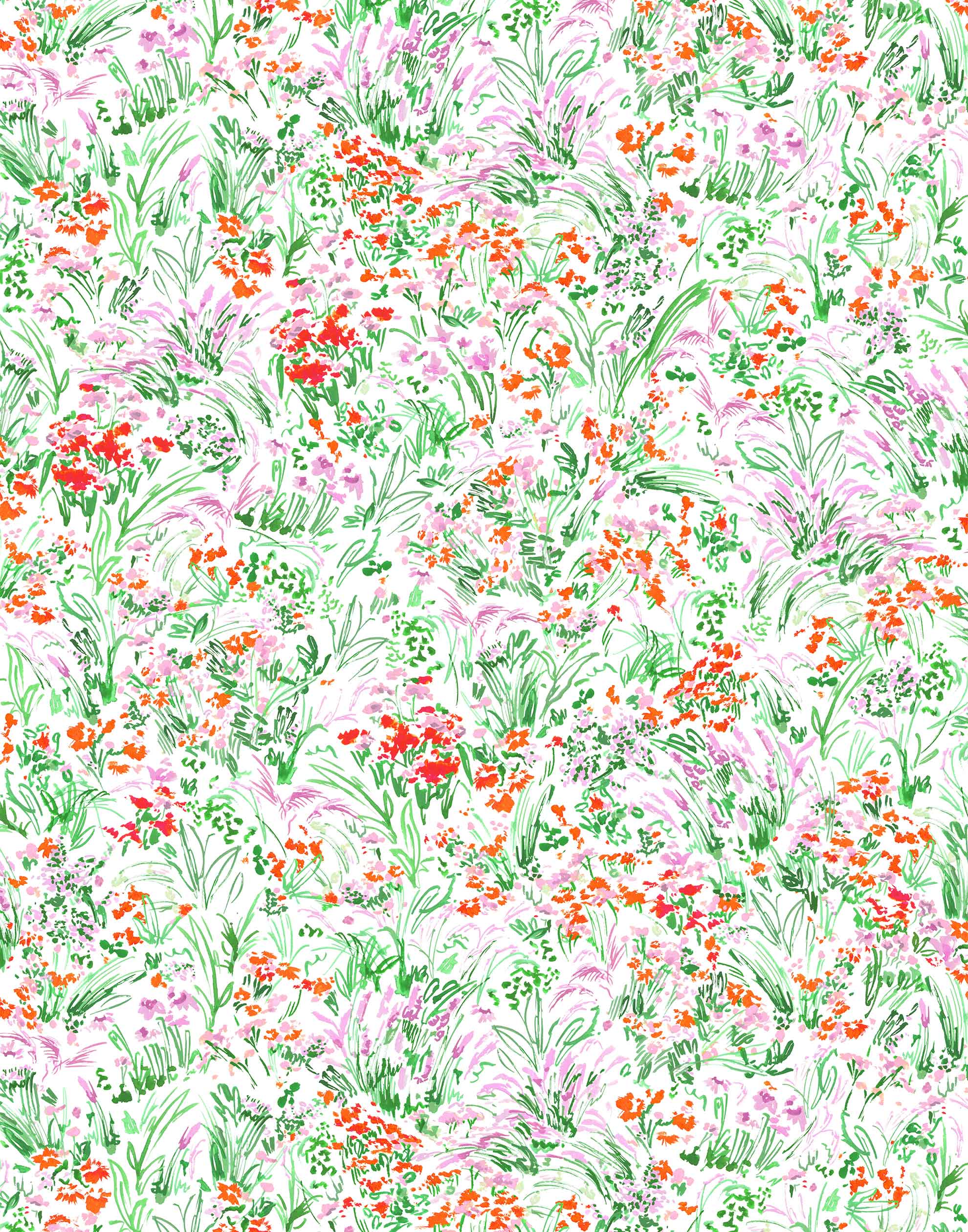 Summer (Poppy) wallpaper features loose brushstrokes that capture the movement of wild flowers and grasses swaying in the breeze. Bright red, lavender purple, and green watercolored flora on a white background | Hygge & West