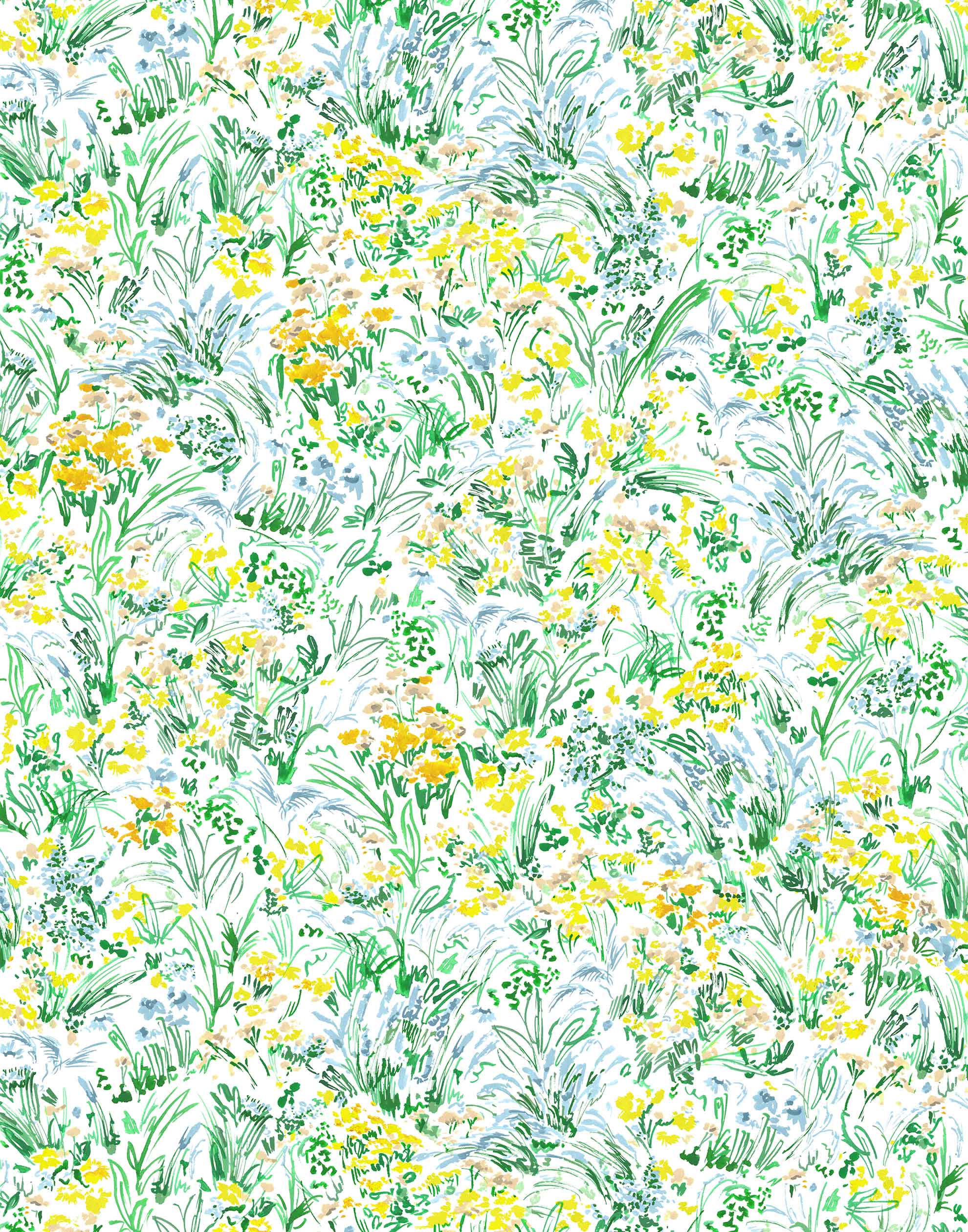Summer (Sunshine) wallpaper features loose brushstrokes that capture the movement of wild flowers and grasses swaying in the breeze. Yellow, gold, light blue, and green watercolored flora on a white background | Hygge & West