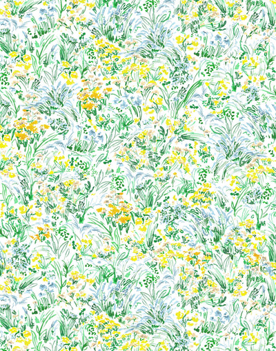 Summer (Sunshine) wallpaper features loose brushstrokes that capture the movement of wild flowers and grasses swaying in the breeze. Yellow, gold, light blue, and green watercolored flora on a white background | Hygge & West