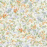 Summer (Bluebell) wallpaper features loose brushstrokes that capture the movement of wild flowers and grasses swaying in the breeze. Orange, blue, purple, and green watercolored flora on a white background | Hygge & West