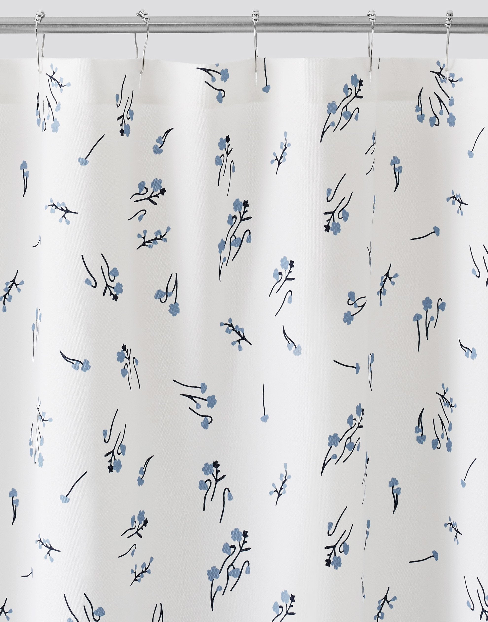 Wildflower White Shower Curtains with blue flowers and navy stems