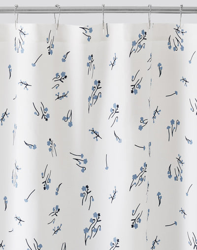 Wildflower White Shower Curtains with blue flowers and navy stems