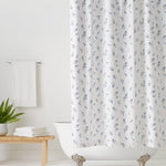 Wildflower White Shower Curtains with blue flowers and navy stems