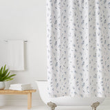 Wildflower White Shower Curtains with blue flowers and navy stems