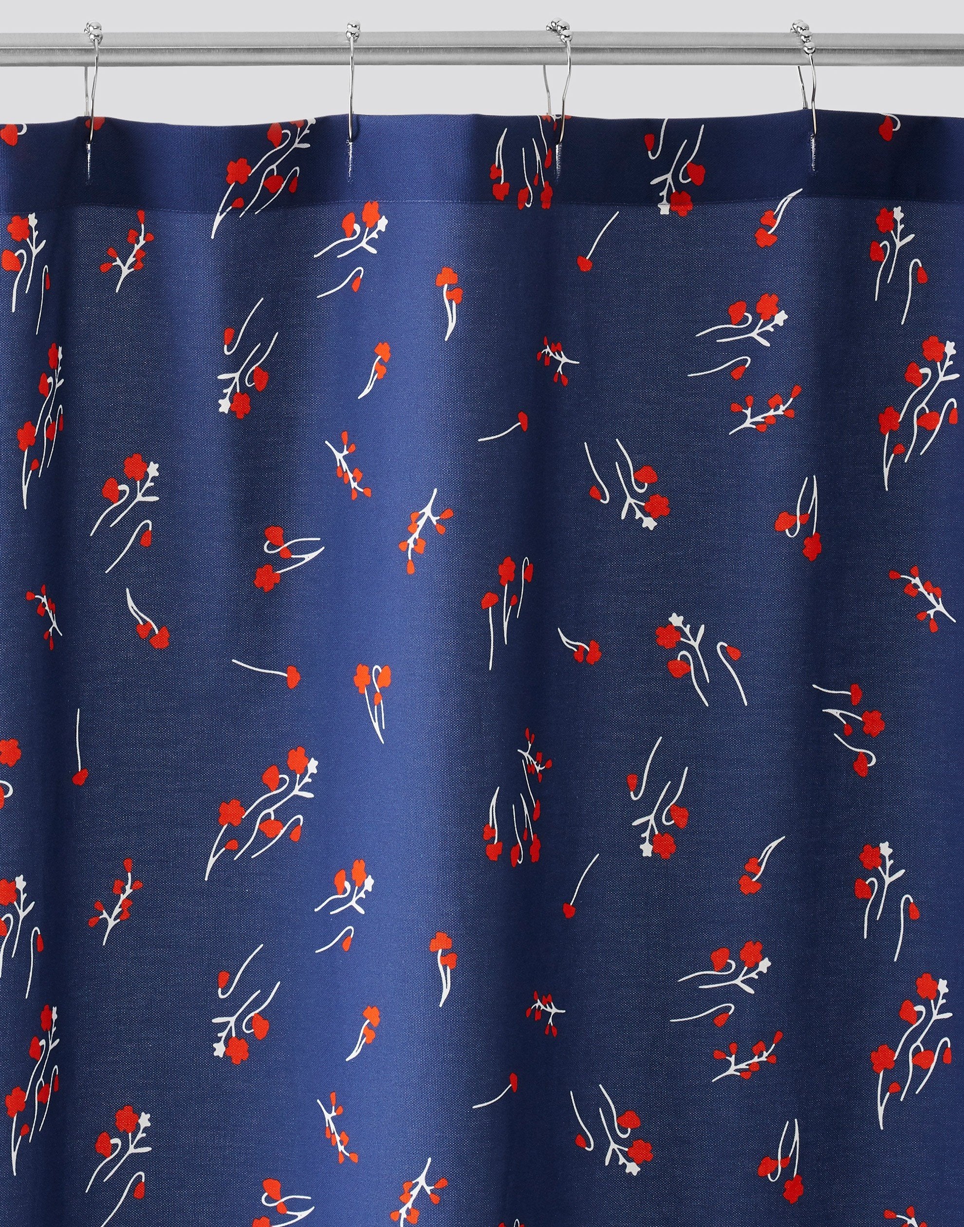 Wildflower Navy Shower Curtains with vermillion flowers and white stems