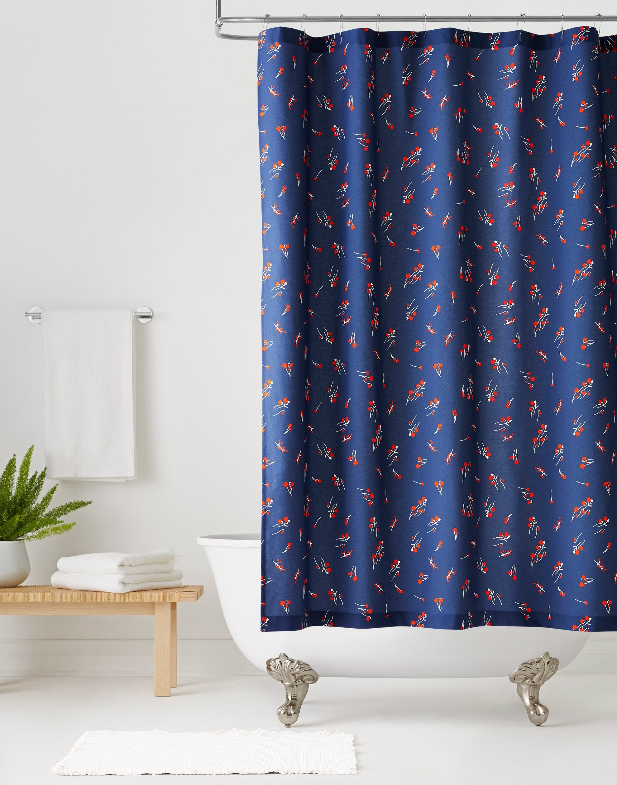 Wildflower Navy Shower Curtains with vermillion flowers and white stems
