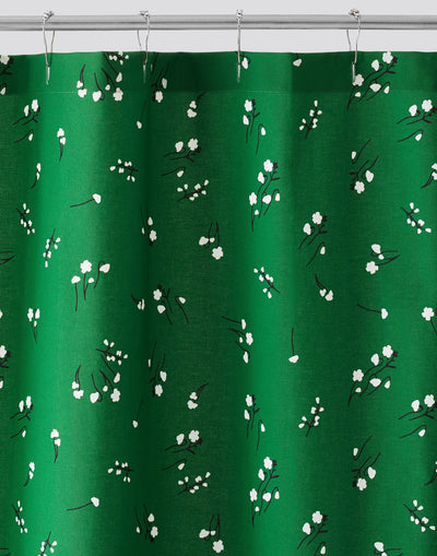 Wildflower Green Shower Curtains with white flowers and black stems
