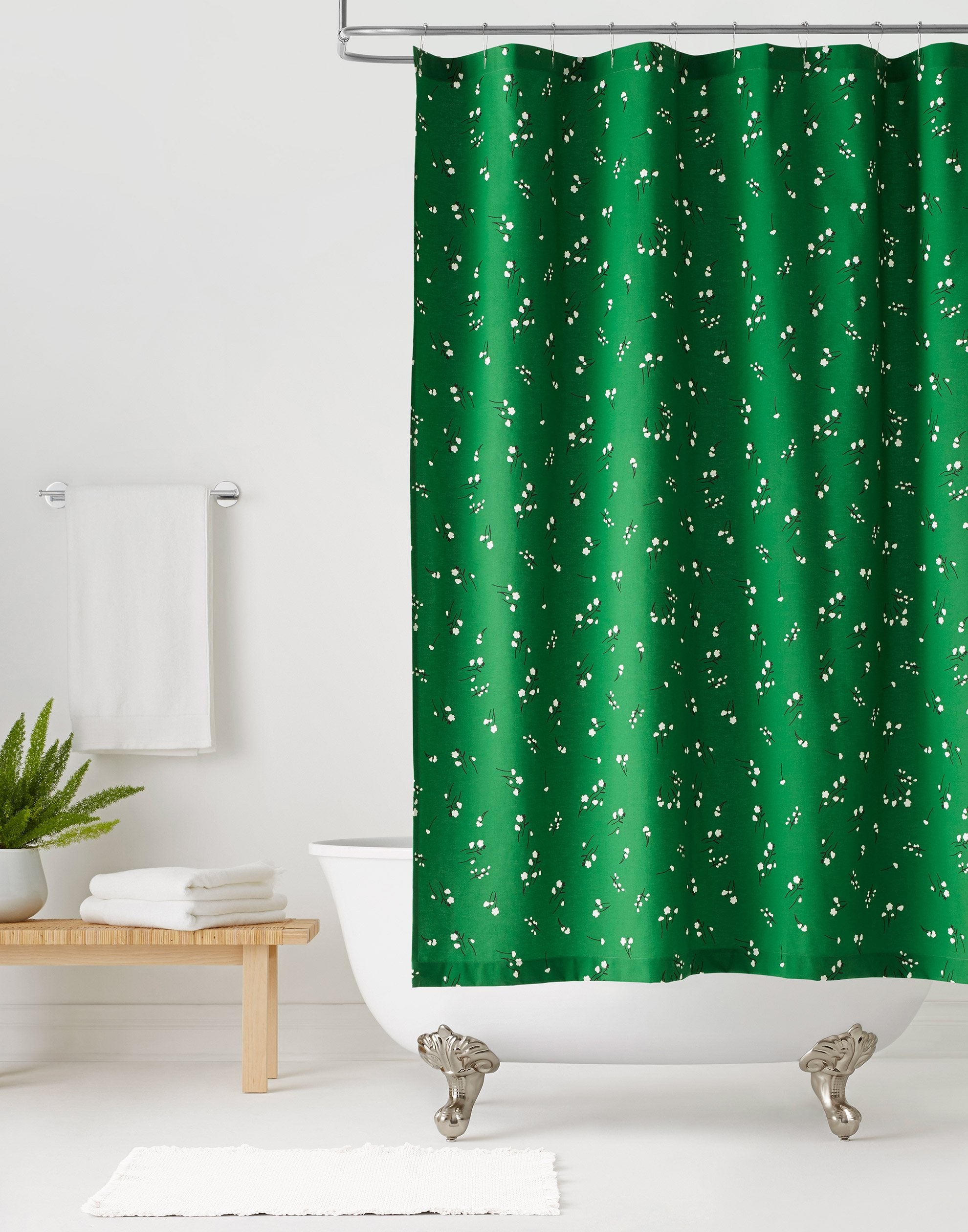 Wildflower Green Shower Curtains with white flowers and black stems