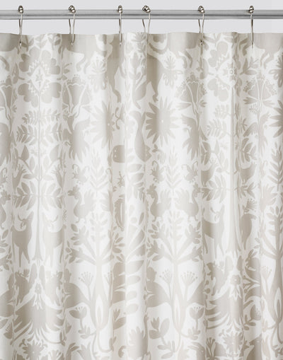 Folklore (Pewter) Shower Curtain featuring a gray Otomi meets Scandinavian folk pattern on a white background