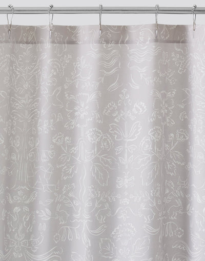 Storyline Gray Shower Curtains featuring white toile-like illustrations on a soft gray background
