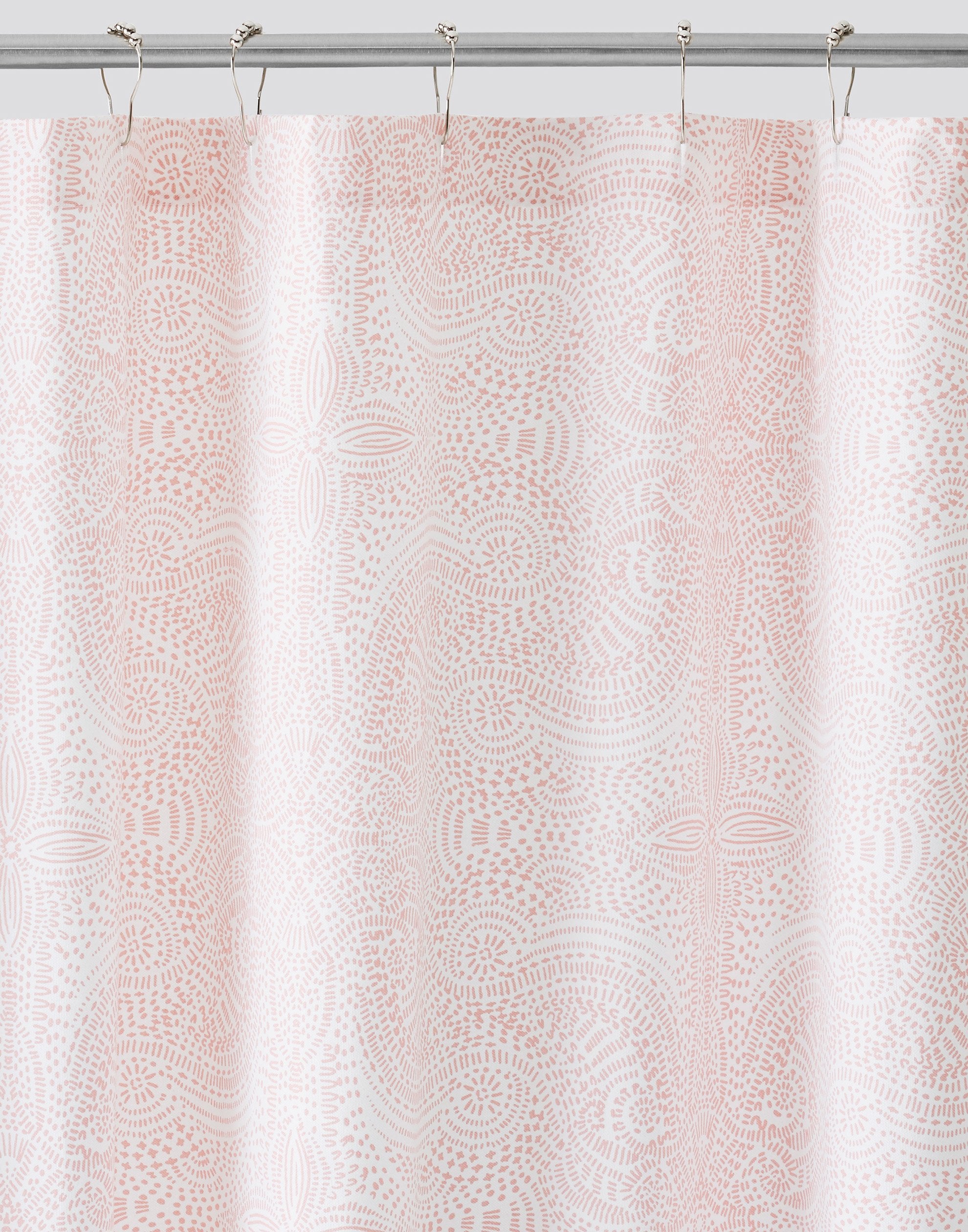 Andanza Shower Curtain featuring a delicate pattern created using a stippling technique in rose pink on white