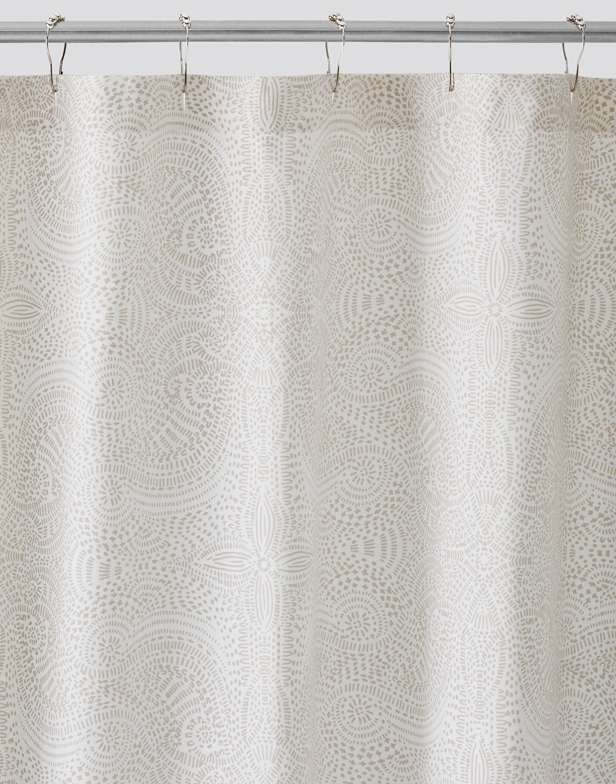 Andanza Shower Curtain featuring a delicate pattern created using a stippling technique in taupe gray on white