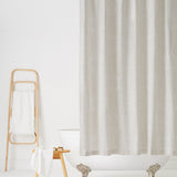 Andanza Shower Curtain featuring a delicate pattern created using a stippling technique in taupe gray on white