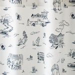 Hill Valley Toile (Denim) Shower Curtain with navy blue illustrations on a white background depicts scenes from the iconic movie Back to the Future and was created in collaboration with Universal | Hygge & West