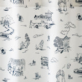 Hill Valley Toile (Denim) Shower Curtain with navy blue illustrations on a white background depicts scenes from the iconic movie Back to the Future and was created in collaboration with Universal | Hygge & West