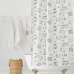 Hill Valley Toile (Denim) Shower Curtain with navy blue illustrations on a white background depicts scenes from the iconic movie Back to the Future and was created in collaboration with Universal | Hygge & West