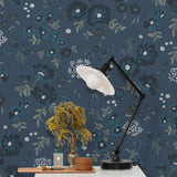 Cascade Meadow (Midnight) featuring hand drawn flowers in shades of navy, blue and green on a deep blue background | Schoolhouse x Hygge & West Wallpaper Collection