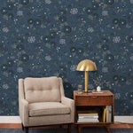 Cascade Meadow (Midnight) featuring hand drawn flowers in shades of navy, blue and green on a deep blue background | Schoolhouse x Hygge & West Wallpaper Collection