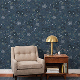 Cascade Meadow (Midnight) featuring hand drawn flowers in shades of navy, blue and green on a deep blue background | Schoolhouse x Hygge & West Wallpaper Collection