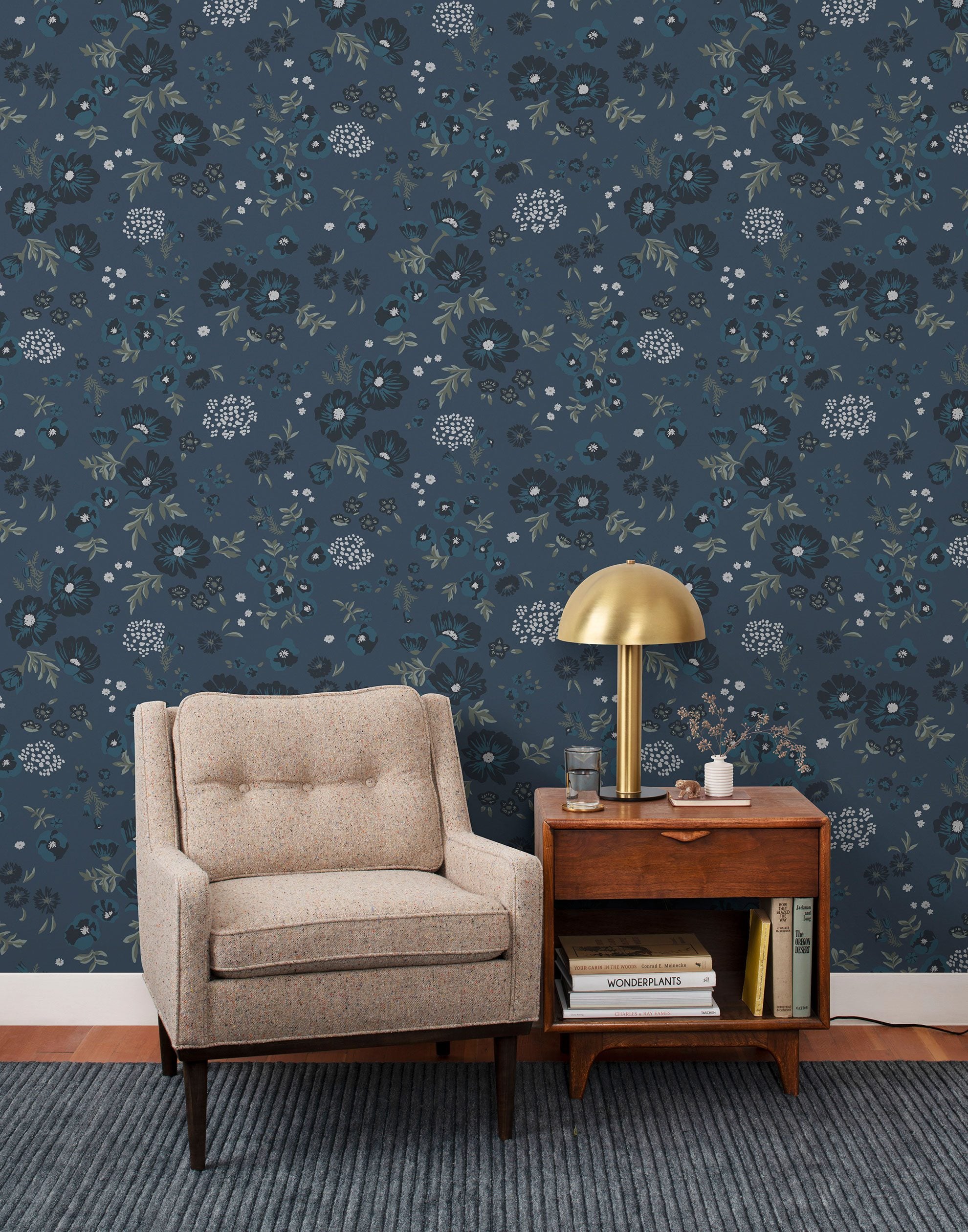 Cascade Meadow (Midnight) featuring hand drawn flowers in shades of navy, blue and green on a deep blue background | Schoolhouse x Hygge & West Wallpaper Collection