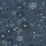 Cascade Meadow (Midnight) featuring hand drawn flowers in shades of navy, blue and green on a deep blue background | Schoolhouse x Hygge & West Wallpaper Collection