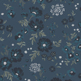 Cascade Meadow (Midnight) featuring hand drawn flowers in shades of navy, blue and green on a deep blue background | Schoolhouse x Hygge & West Wallpaper Collection