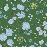 Cascade Meadow (Juniper) featuring hand drawn flowers in light blue and yellow on a green background | Schoolhouse x Hygge & West