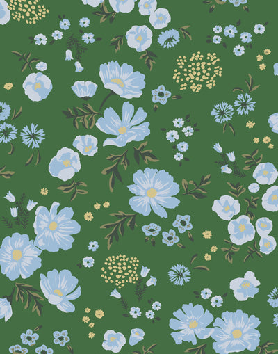 Cascade Meadow (Juniper) featuring hand drawn flowers in light blue and yellow on a green background | Schoolhouse x Hygge & West