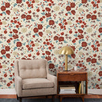 Cascade Meadow (Primary) featuring hand drawn flowers in shades of red and green on a cream background | Schoolhouse x Hygge & West Wallpaper Collection